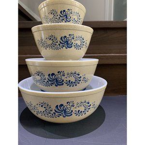 Vintage Pyrex Homestead Speckled Tan Blue Mixing Nesting Bowl Set Of 4 #401-#404